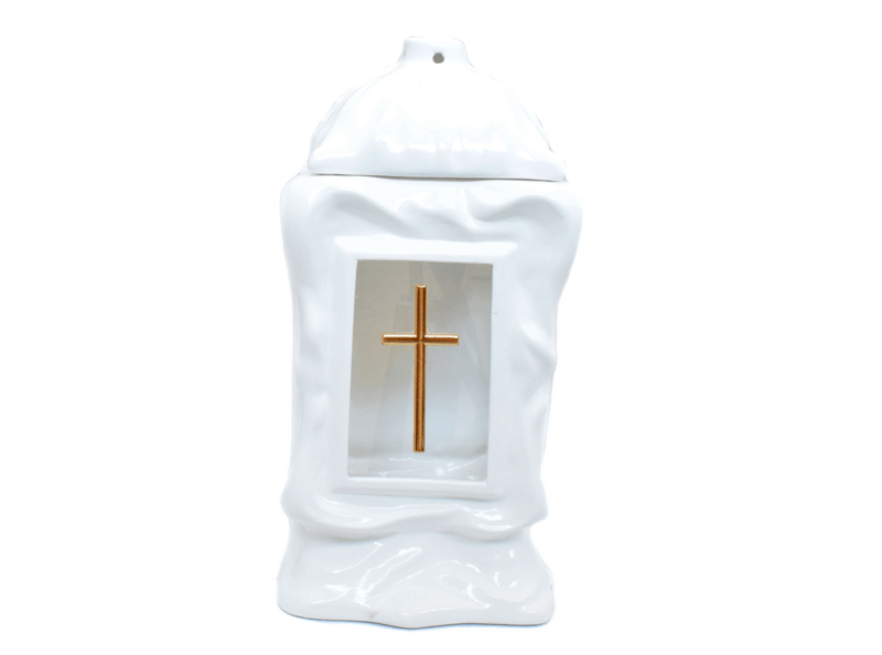 ZNICZ LAMPION KAPLICZKA CERAMICZNA ZEGAR KRZYŻ BIAŁA