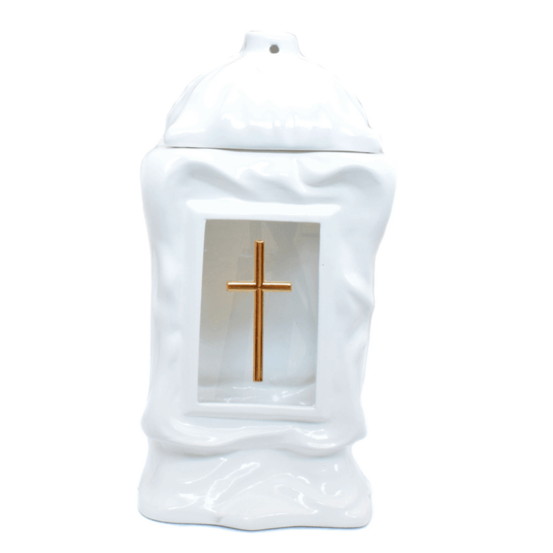ZNICZ LAMPION KAPLICZKA CERAMICZNA ZEGAR KRZYŻ BIAŁA