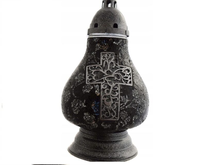 ZNICZ LAMPION KARAFKA ZDOBIONE MOZAIKA KRZYŻ AŻUR czarno srebrny