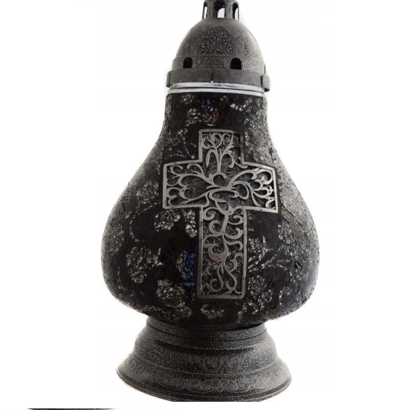 ZNICZ LAMPION KARAFKA ZDOBIONE MOZAIKA KRZYŻ AŻUR czarno srebrny
