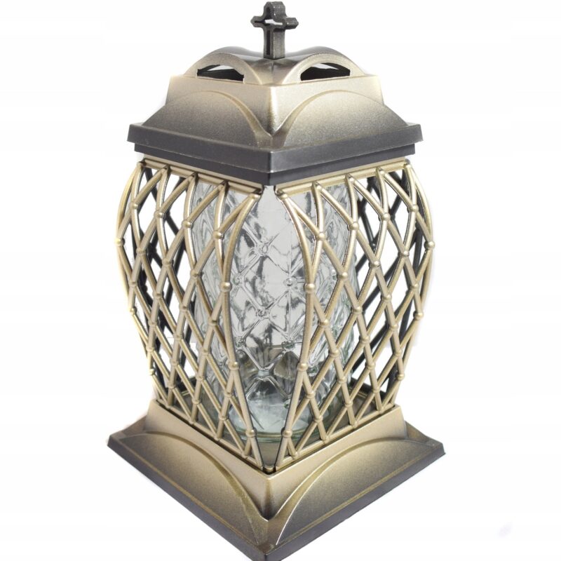DUŻY ZNICZ CAŁOROCZNY LAMPION SIATKA SZKŁO ZŁOTY