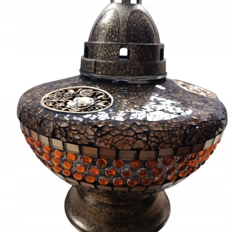 Duży i Ciężki Znicz SZKLANY Lampion Witraż Ufo koral Złoty + Świeca LED