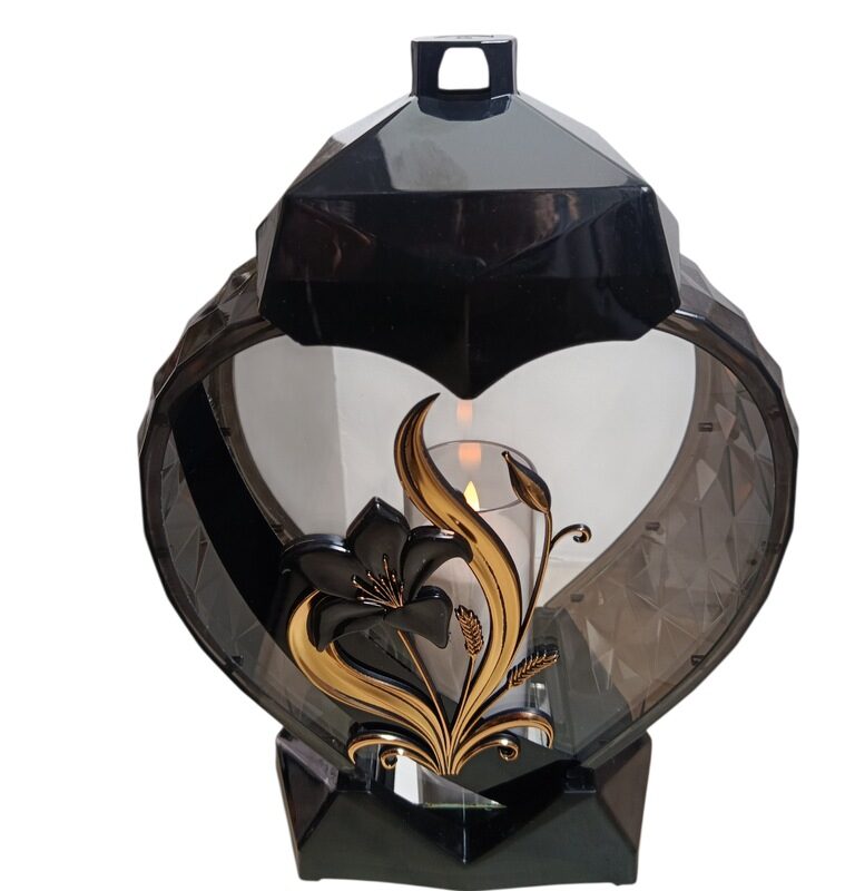 ELEGANCKI DUŻY ZNICZ SERCE LILIA ZŁOTY ŚWIECA / WKŁAD LED W ZESTAWIE