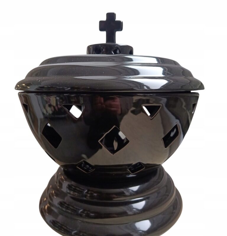 WIELKI ZNICZ LAMPION PUCHAR GIGANT CERAMIKA CZARNY POKRYWA KRZYŻ