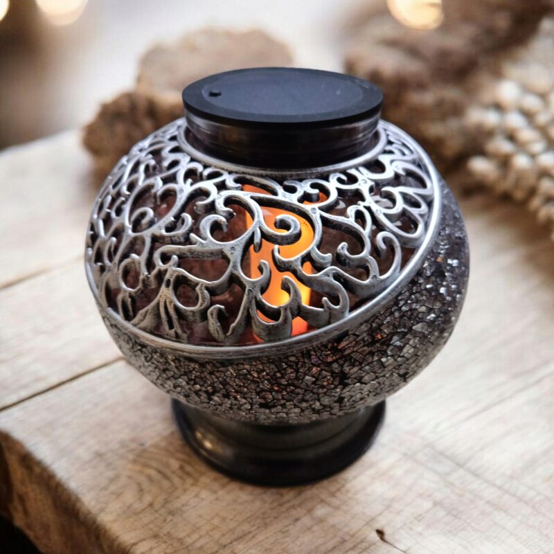 Znicz Solarny LED Lampion Witraż efekt płomienia Waza Kula Mozaika Srebrny