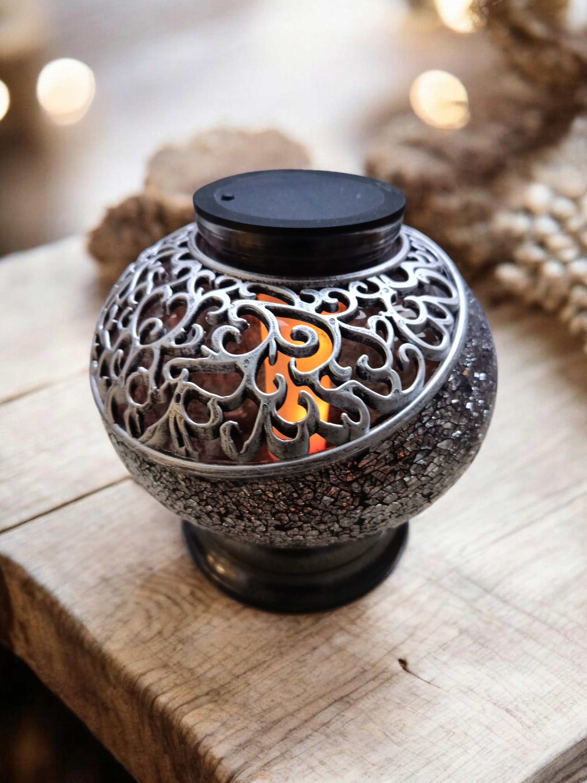 Znicz Solarny LED Lampion Witraż efekt płomienia Waza Kula Mozaika Srebrny