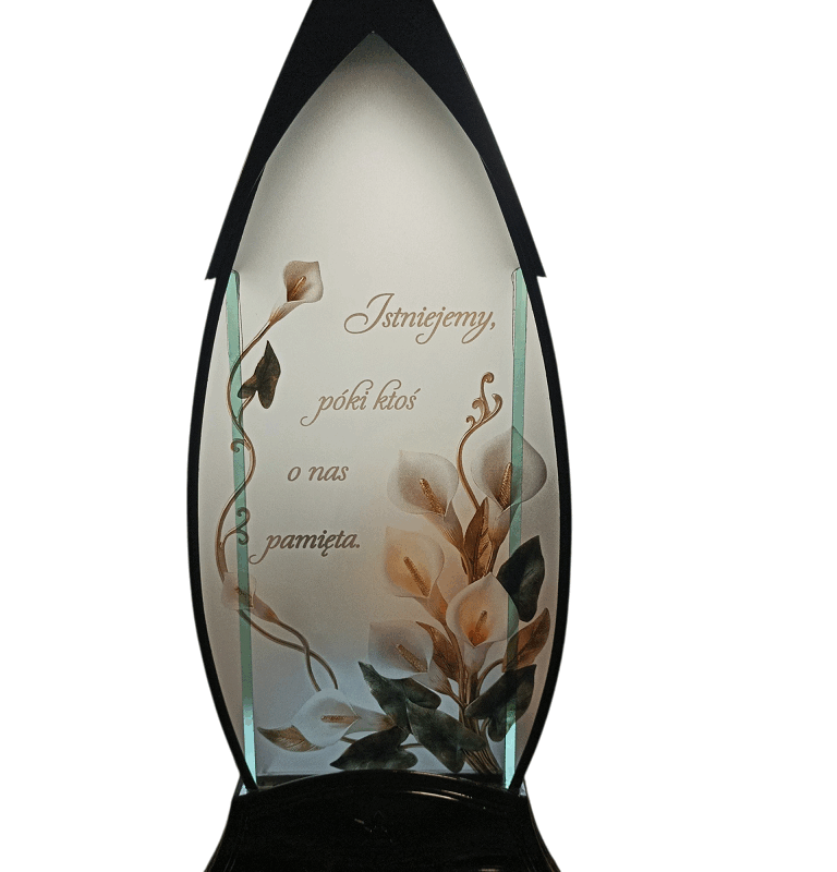 Znicz gotyk witraż lilia napis